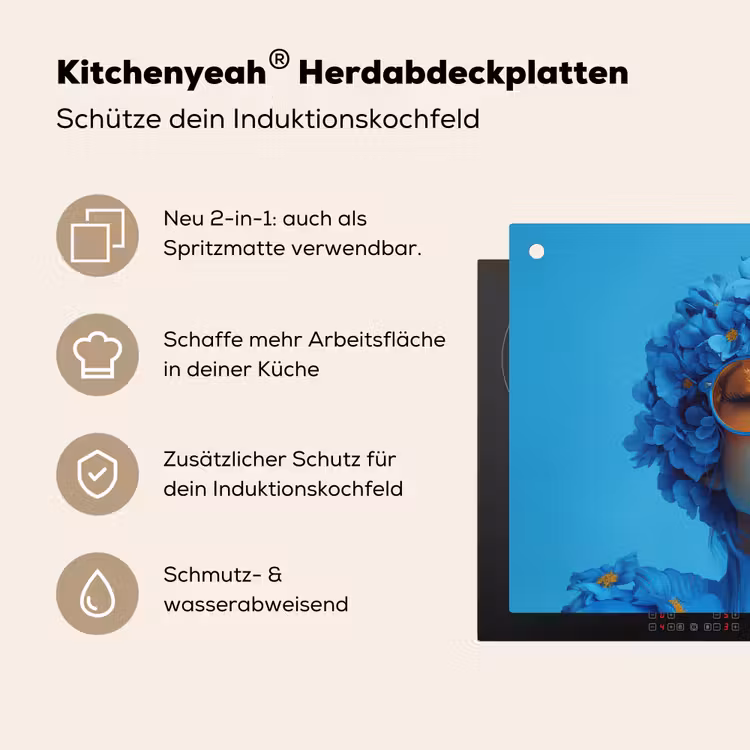 Vrouw - Bloem - Blauw - Modern - Bril - Portret Inductie beschemer met haakjes klein -ky-usp-de