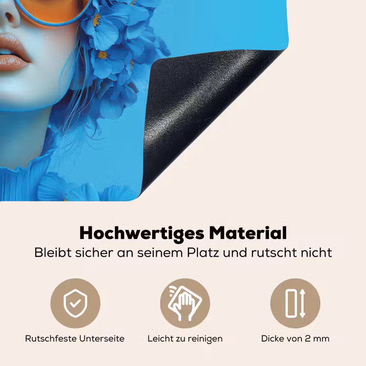 Vrouw - Bloem - Blauw - Modern - Bril - Portret Inductie beschemer met haakjes klein -ky-onderkant-de