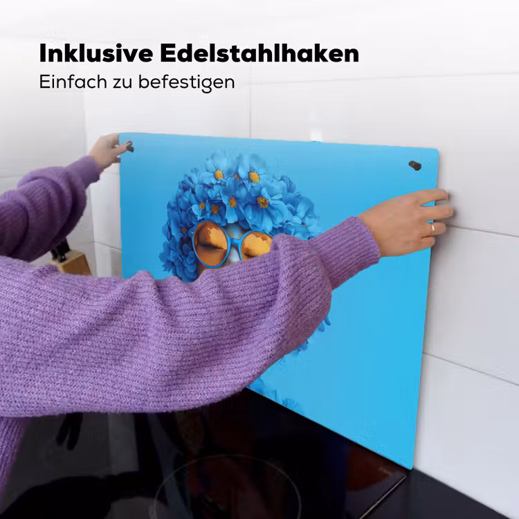Vrouw - Bloem - Blauw - Modern - Bril - Portret Inductie beschemer met haakjes klein -ky-ophangen-de