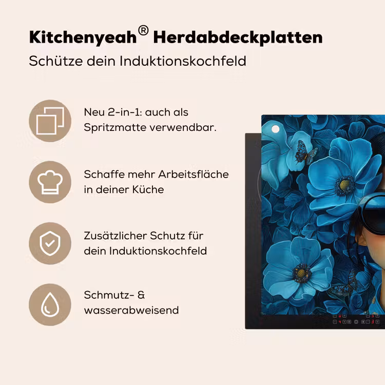 Vrouw - Bloemen - Blauw - Aesthetic - Luxe Inductie beschemer met haakjes klein -ky-usp-de
