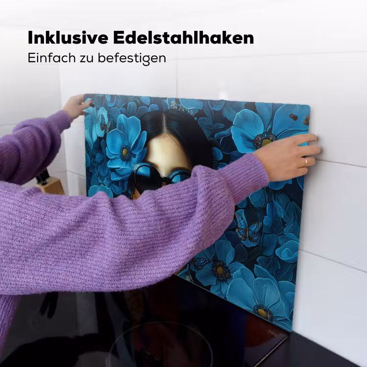 Vrouw - Bloemen - Blauw - Aesthetic - Luxe Inductie beschemer met haakjes klein -ky-ophangen-de