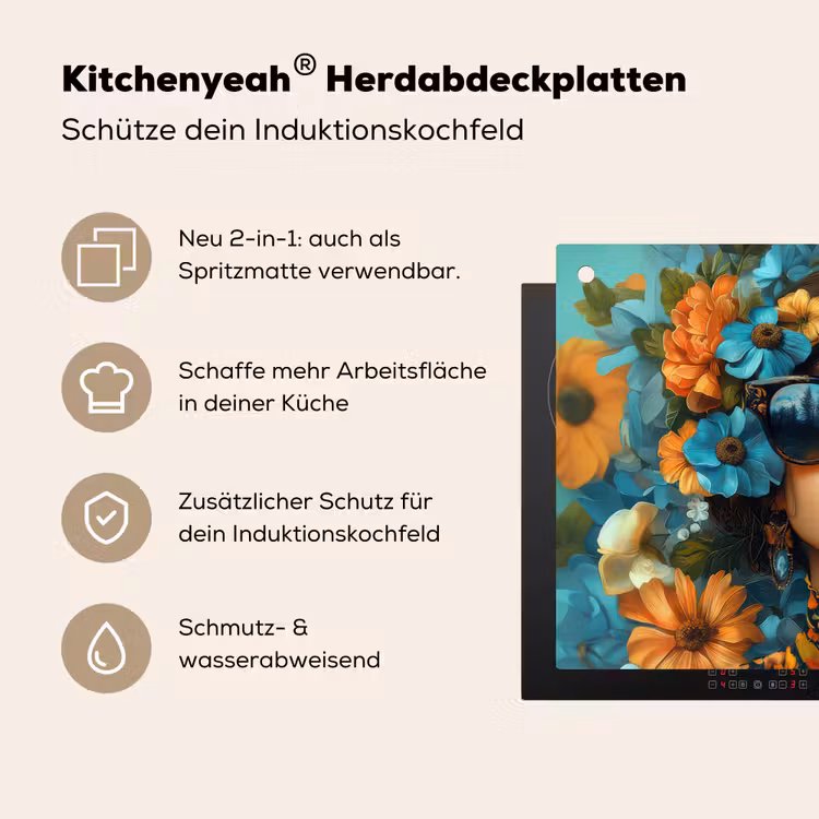Vrouw - Bloemen - Oranje - Blauw - Modern Inductie beschemer met haakjes klein -ky-usp-de