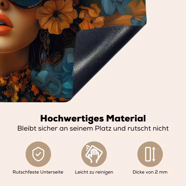 Vrouw - Bloemen - Oranje - Blauw - Modern Inductie beschemer met haakjes klein -ky-onderkant-de