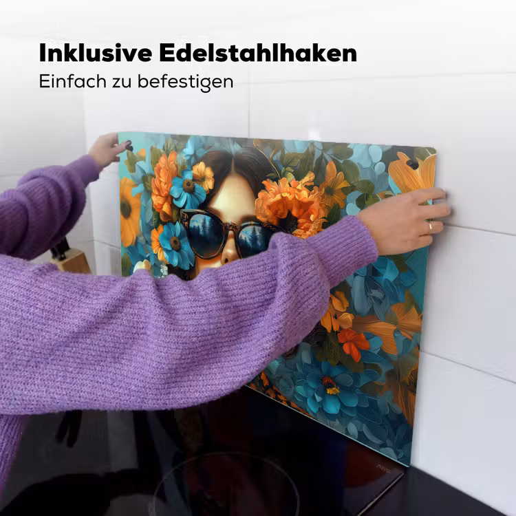 Vrouw - Bloemen - Oranje - Blauw - Modern Inductie beschemer met haakjes klein -ky-ophangen-de