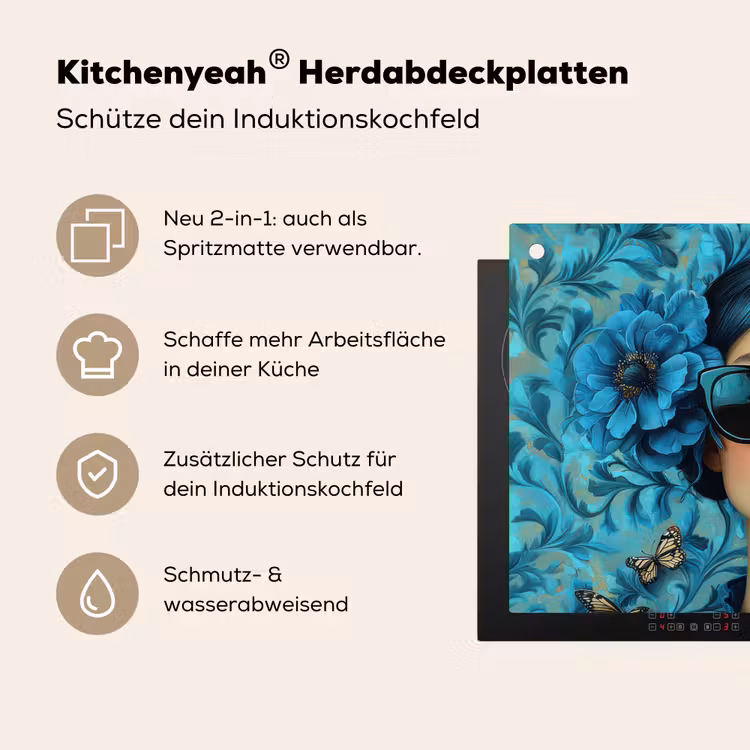 Vrouw - Bloemen - Vlinders - Blauw - Abstract Inductie beschemer met haakjes klein -ky-usp-de