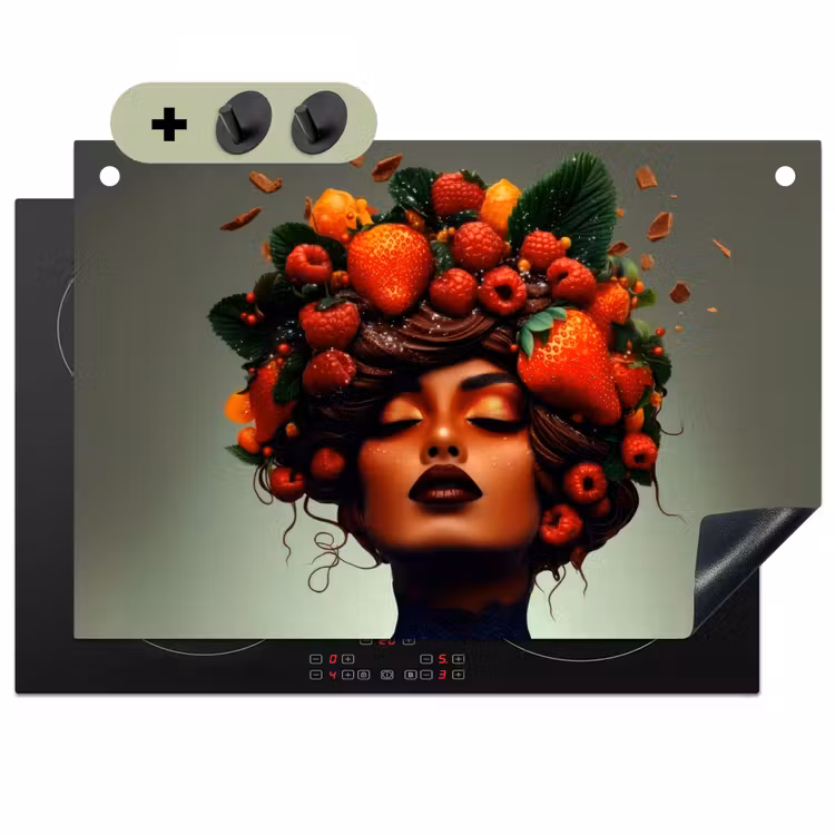 Vrouw - Chocolade - Frambozen - Aardbeien - Koekjes Inductie beschemer met haakjes klein -3d