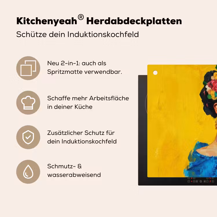 Frida Kahlo - Vrouw - Geel - Blauw - Bloemen Inductie beschemer met haakjes klein -ky-usp-de