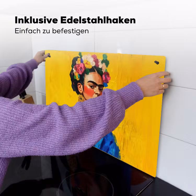 Frida Kahlo - Vrouw - Geel - Blauw - Bloemen Inductie beschemer met haakjes klein -ky-ophangen-de