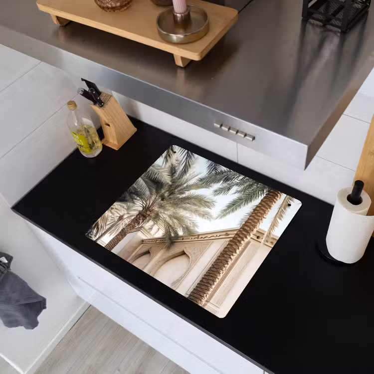 Gebouw - Palmbomen - Beige - Zon Inductie beschemer met haakjes middel -sfeer1