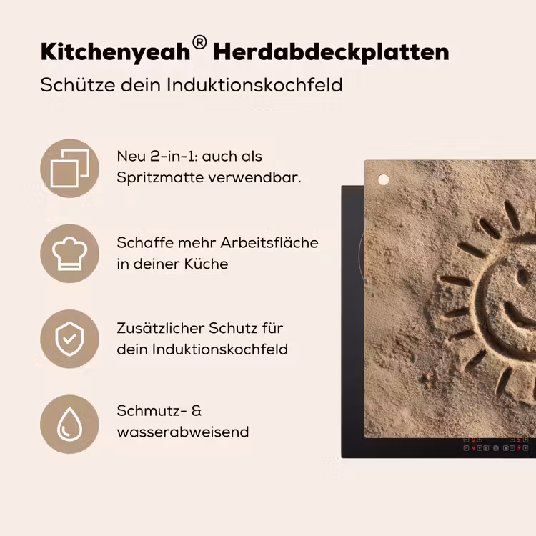 Gezichtje - Zon - Zand - Getekend Inductie beschemer met haakjes middel -ky-usp-de