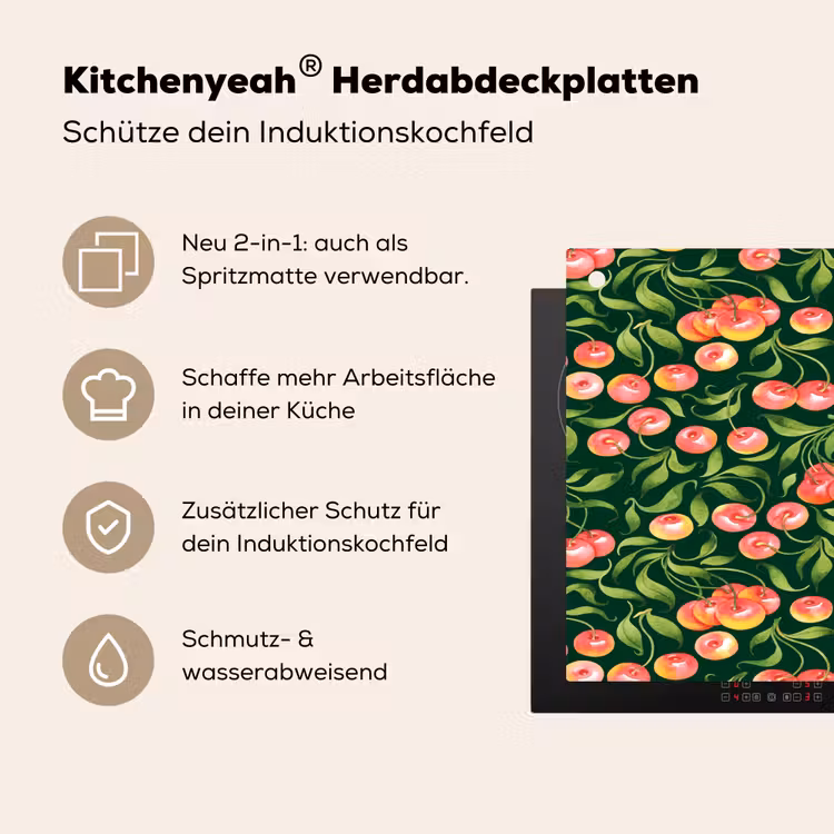 Groen - Rood - Kersen - Bladeren Inductie beschemer met haakjes klein 777 -ky-usp-de
