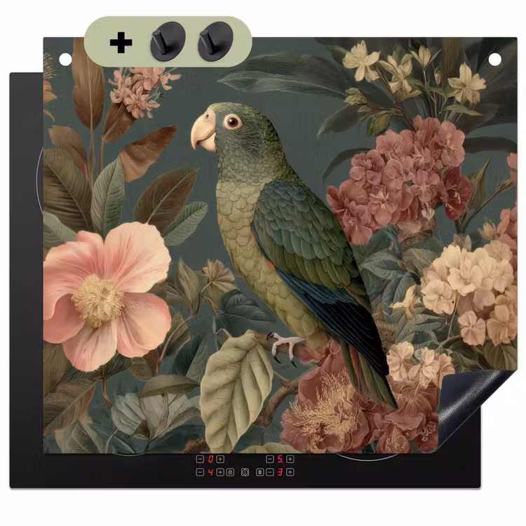 Groene papegaai - Kleurrijke bloemen - Donkere achtergrond Inductie beschemer met haakjes middel -3d