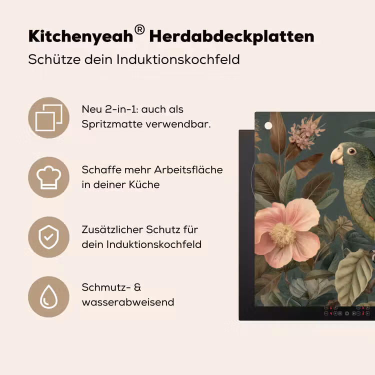 Groene papegaai - Kleurrijke bloemen - Donkere achtergrond Inductie beschemer met haakjes middel -ky-usp-de