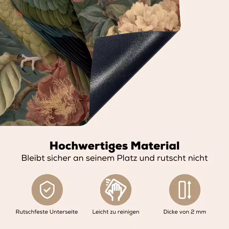 Groene papegaai - Kleurrijke bloemen - Donkere achtergrond Inductie beschemer met haakjes middel -ky-onderkant-de