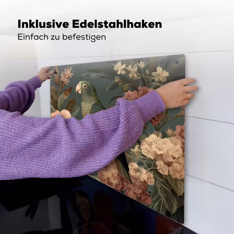 Groene papegaai - Kleurrijke bloemen - Donkere achtergrond Inductie beschemer met haakjes middel -ky-ophangen-de
