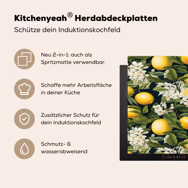 Hangende - Citroenen - Witte - Bloemetjes Inductie beschemer met haakjes klein 777 -ky-usp-de