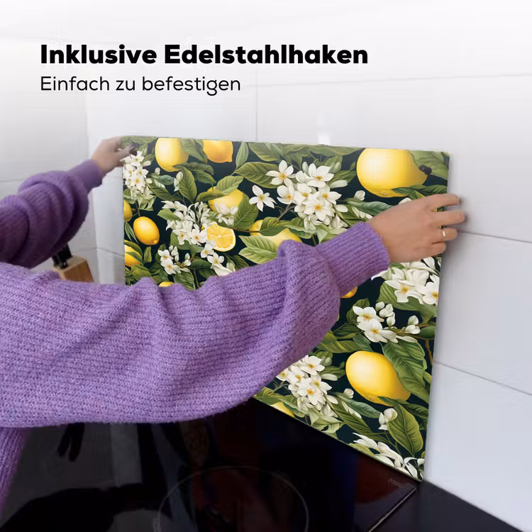 Hangende - Citroenen - Witte - Bloemetjes Inductie beschemer met haakjes klein 777 -ky-ophangen-de