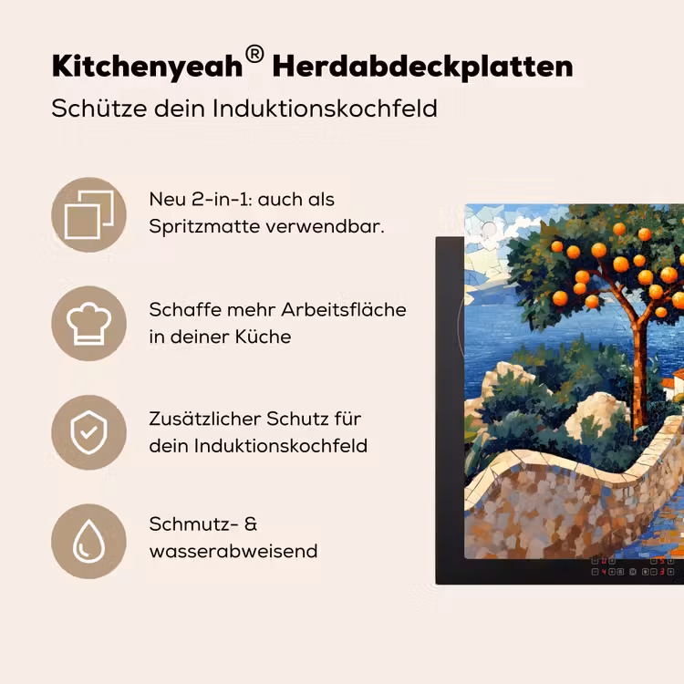 Huizen - Mozaïek - Sinaasappelbomen - Zee Inductie beschemer met haakjes klein -ky-usp-de