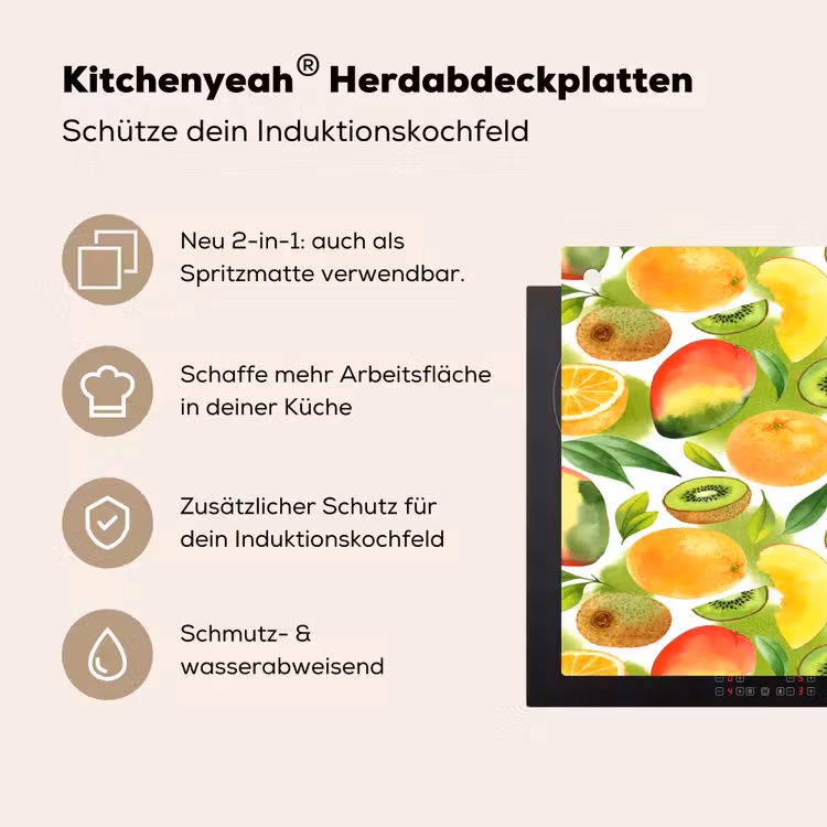 Kiwi - Sinasappel - Mango - Perzik Inductie beschemer met haakjes klein 777 -ky-usp-de