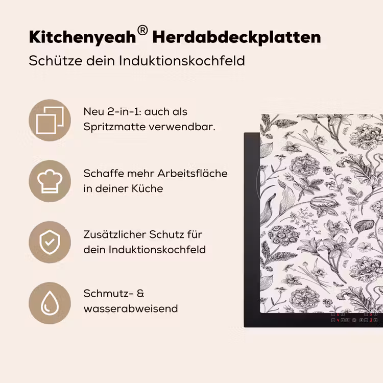 Classic - Black - White - Floral Inductie beschemer met haakjes klein 777 -ky-usp-de