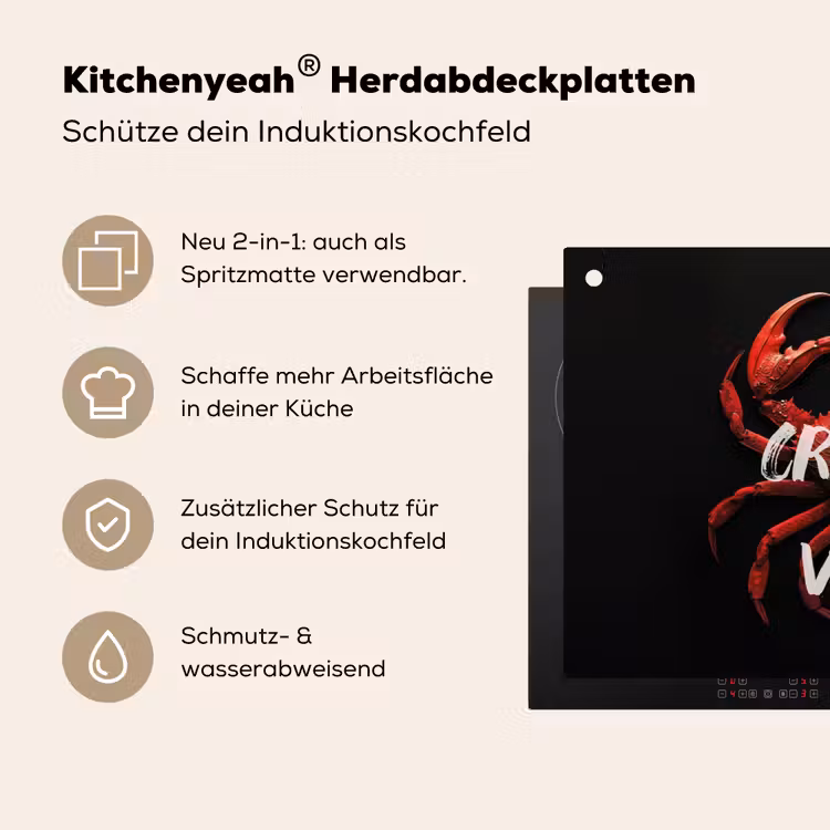 Krab - Rood - Tekst - Zwart Inductie beschemer met haakjes klein -ky-usp-de