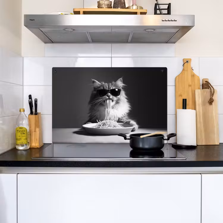 Langharige kat - Zonnebril - Spaghetti - Humor - Zwart - wit Inductie beschemer met haakjes klein -sfeer2
