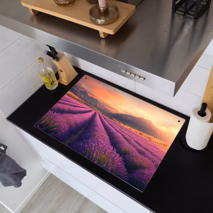 Lavendelveld - Zonsondergang - Paars Inductie beschemer met haakjes klein -sfeer1