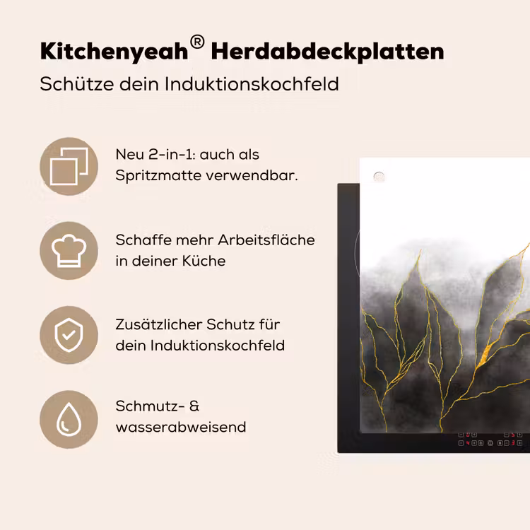 Marmer - Zwart - Goud - Luxe - Marmerlook Inductie beschemer met haakjes klein -ky-usp-de