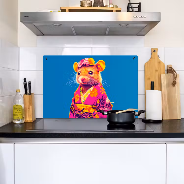 Muis - Kimono - Bloemen - Blauw Inductie beschemer met haakjes klein -sfeer2