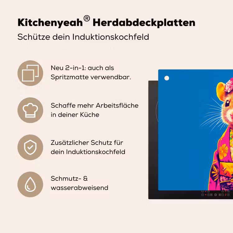 Muis - Kimono - Bloemen - Blauw Inductie beschemer met haakjes klein -ky-usp-de