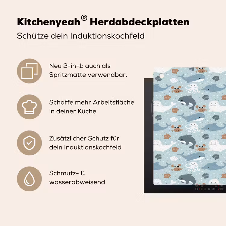 Oceaan - Walvis - Zeehond - Krab Inductie beschemer met haakjes klein 777 -ky-usp-de
