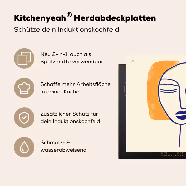 Minimalistisch - Gezicht - Hand - Oranje - Blauw Inductie beschemer met haakjes middel -ky-usp-de