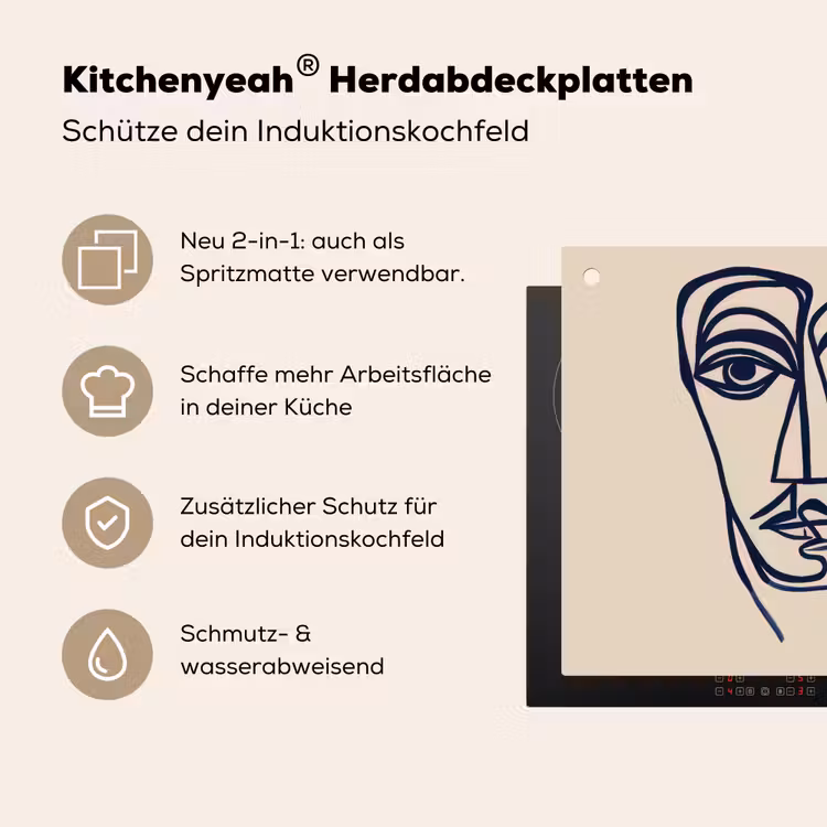 Minimalistisch - Lijnillustratie - Beige - Donkerblauw Inductie beschemer met haakjes middel -ky-usp-de