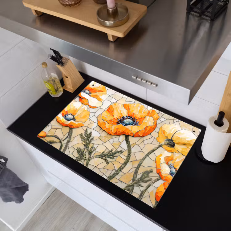 Klaprozen - Oranje - Mozaïek - Bladeren Inductie beschemer met haakjes klein -sfeer1