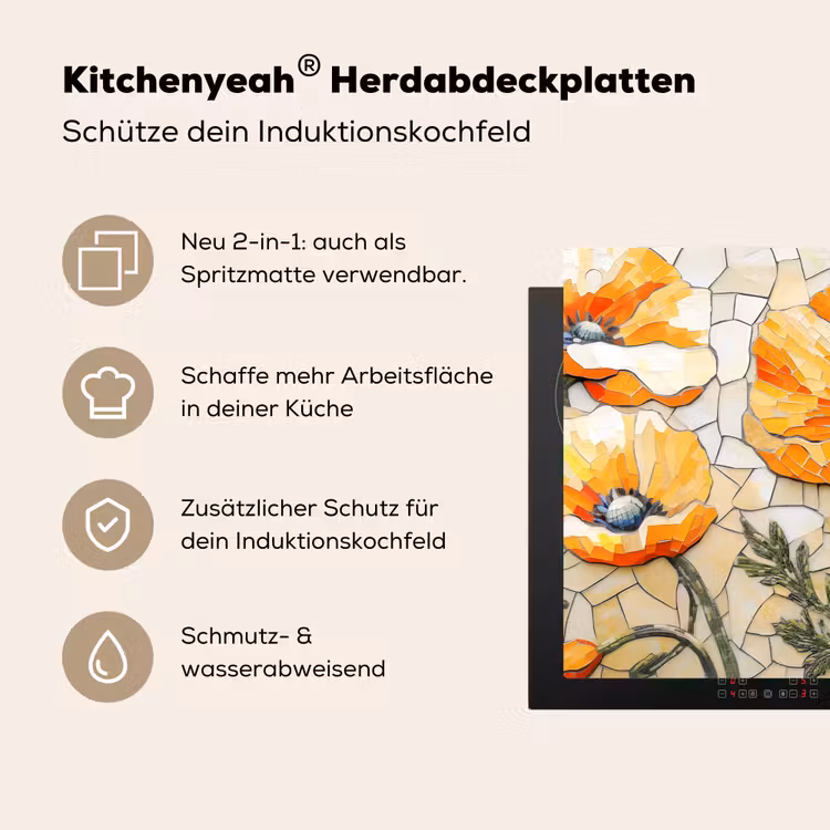 Klaprozen - Oranje - Mozaïek - Bladeren Inductie beschemer met haakjes klein -ky-usp-de