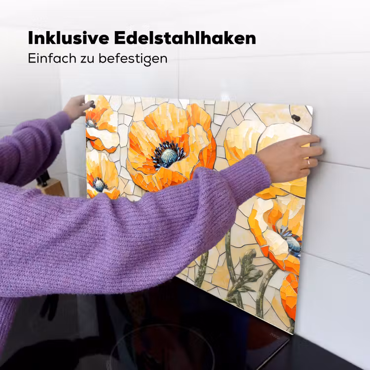 Klaprozen - Oranje - Mozaïek - Bladeren Inductie beschemer met haakjes klein -ky-ophangen-de