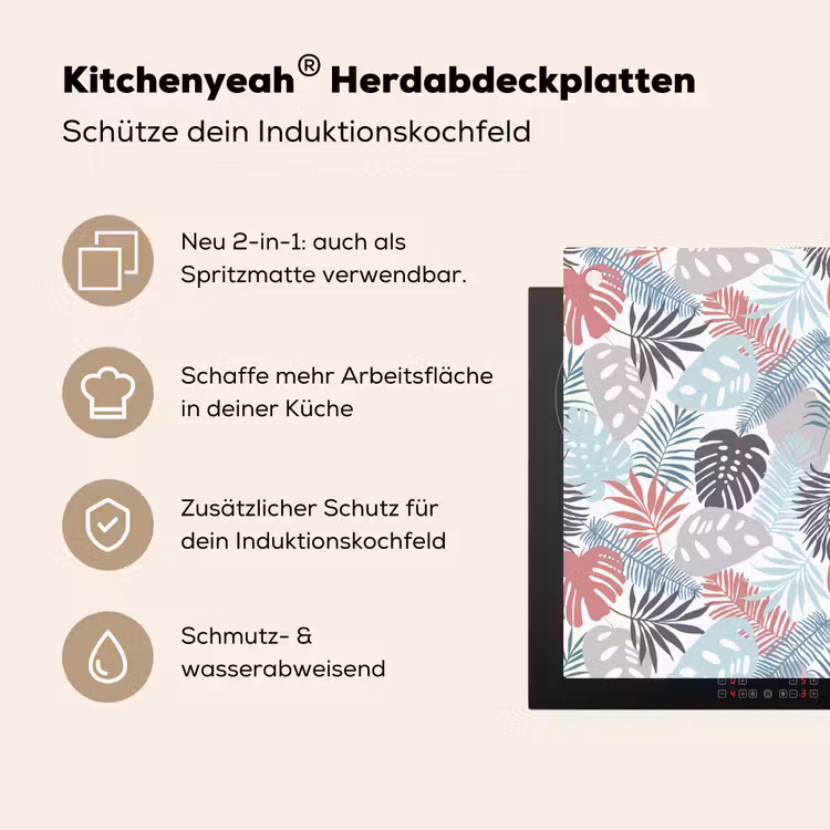 Monstera - Pastel - Bladeren - Tropical Inductie beschemer met haakjes middel -ky-usp-de