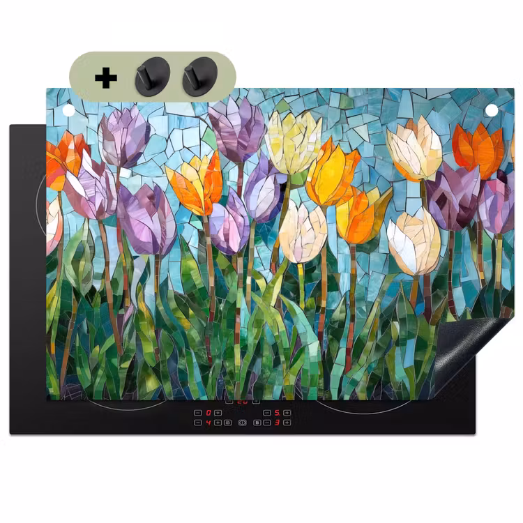 Mozaïek - Veld - Tulpen - Kleurrijk Inductie beschemer met haakjes klein -3d