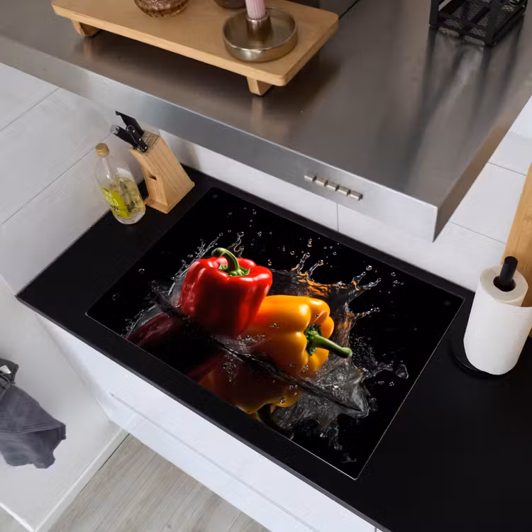 Paprika - Water - Zwart - Groente - Rood - Geel Inductie beschemer met haakjes klein -sfeer1