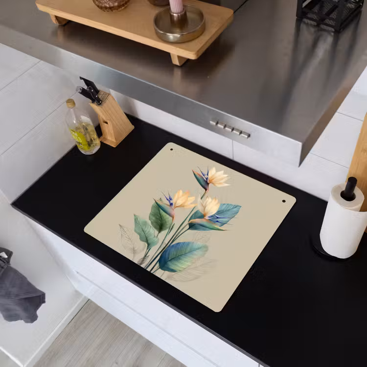Paradijsvogelbloemen - Blauwgroene bladeren - Beige Inductie beschemer met haakjes middel -sfeer1
