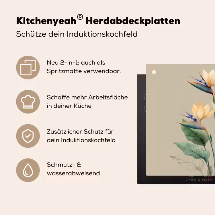Paradijsvogelbloemen - Blauwgroene bladeren - Beige Inductie beschemer met haakjes middel -ky-usp-de