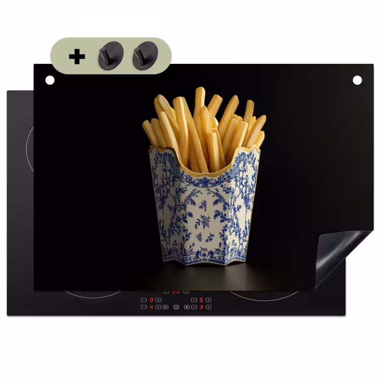 Friet - Porselein - Delfts blauw - Eten Inductie beschemer met haakjes klein -3d