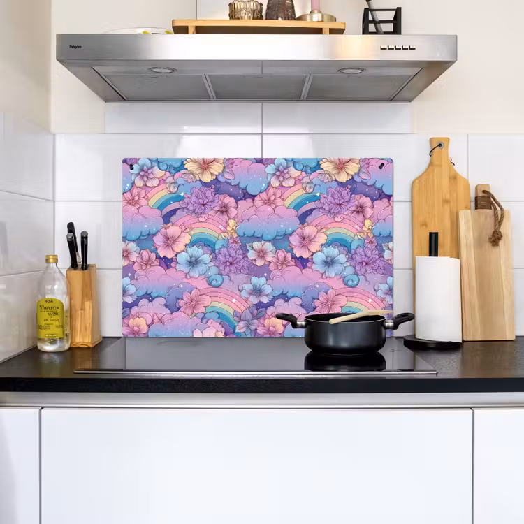 Regenbogen - Bloemen - Kleurrijk - Wolken Inductie beschemer met haakjes klein -sfeer2
