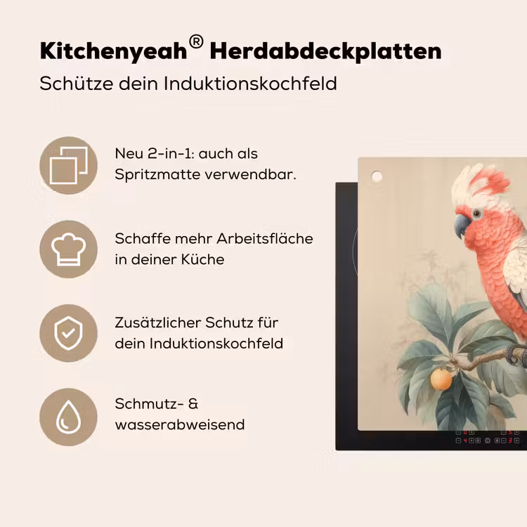 Roze kuifkaketoe - Tak met vruchten - Bladeren Inductie beschemer met haakjes middel -ky-usp-de