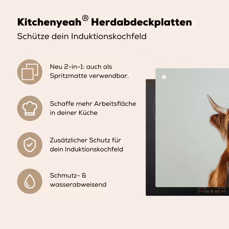 Schotse Hooglander - Bruin - Hoorns - Kokskleding Inductie beschemer met haakjes klein -ky-usp-de