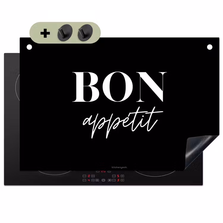 2-in-1 Herdabdeckplatte & Spritzschutz - Schwarz - Zitat - Guten Appetit - Zwart - Quote - Bon appétit Inductie beschemer met haakjes klein