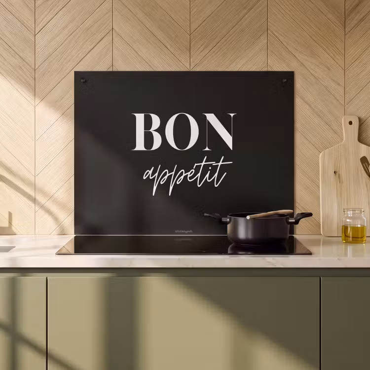2-in-1 Herdabdeckplatte & Spritzschutz - Schwarz - Zitat - Guten Appetit - Zwart - Quote - Bon appétit Inductie beschemer met haakjes klein