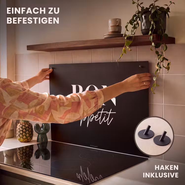 2-in-1 Herdabdeckplatte & Spritzschutz - Schwarz - Zitat - Guten Appetit - Zwart - Quote - Bon appétit Inductie beschemer met haakjes klein