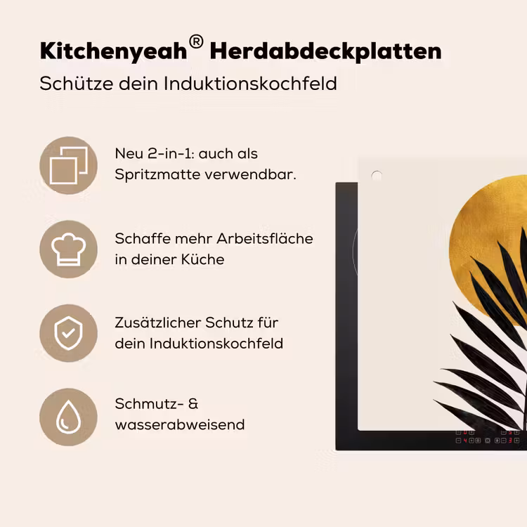 Zwart palmblad - Gouden cirkel - Beige achtergrond Inductie beschemer met haakjes middel -ky-usp-de