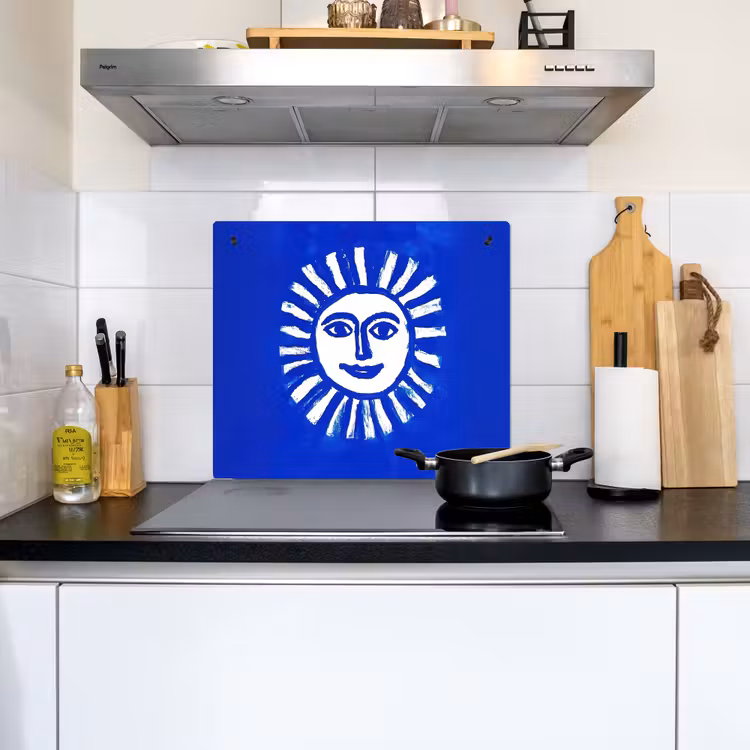 Zon - Gezicht - Penseelstructuur - Blauw Inductie beschemer met haakjes middel -sfeer2